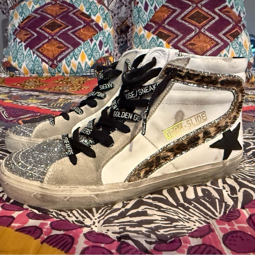 GOLDEN GOOSE Slide Leather Leopard Glitter Toes Mid/High Zipper Size 38